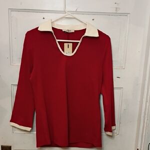 Chic Red Blouse with Cream Details